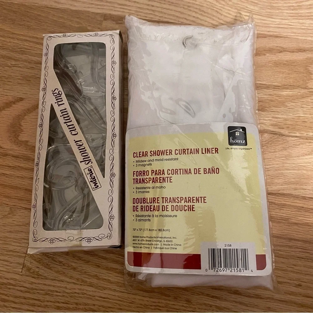 Vintage Interio Plastic Shower Hooks & Clear Shower Curtain Liner NEW